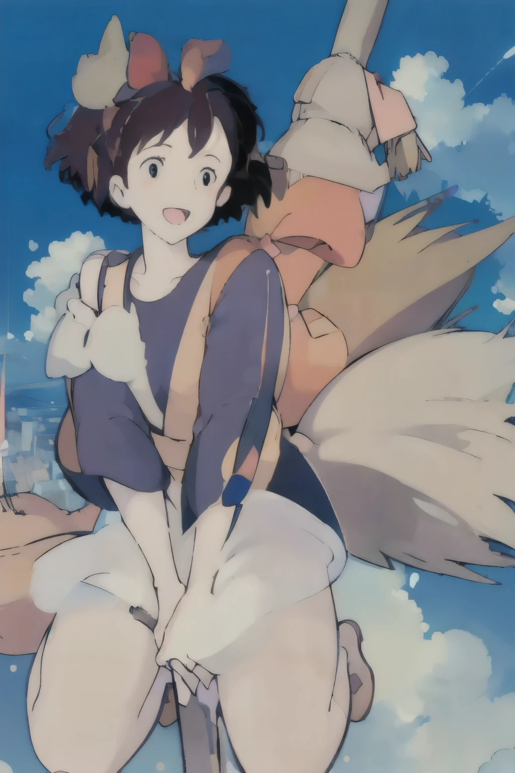(masterpiece:1.4), (Highest quality:1.4), (High resolution:1.4),girl, Kiki flies through the sky on her broom,cloud, Naked, Red hair ribbon, Shoulder bag,Browsing Caution、Large Breasts