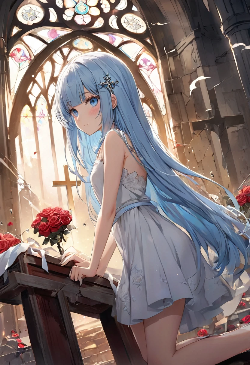 Masterpiece, best quality, extremely detailed, (illustration, official art: 1.1), ((((1 girl)))), ((light blue long hair))), light blue hair, ,young,,,,((blush)),, tareme, masterpiece, best quality, (a very delicate and beautiful girl)))), flat chest ,amazing, beautiful detailed eyes, blunt bangs (((little delicate girl)))), tareme、, from which small drops of blood fall, running across her . with an empty expression and a weak smile on her face. She wears a short white dress that reaches her knees. Several silver roses adorn her body, while sharp-thorned roots resemble necklaces, wrapping around her hands and waist. The setting is a ruined church, with cracked walls and broken windows, where light timidly enters. Next to her is an altar holding a cross adorned with several roses. The atmosphere has a melancholic and mysterious air, highlighting the loneliness and the contrast between the girl's beauty and pain.