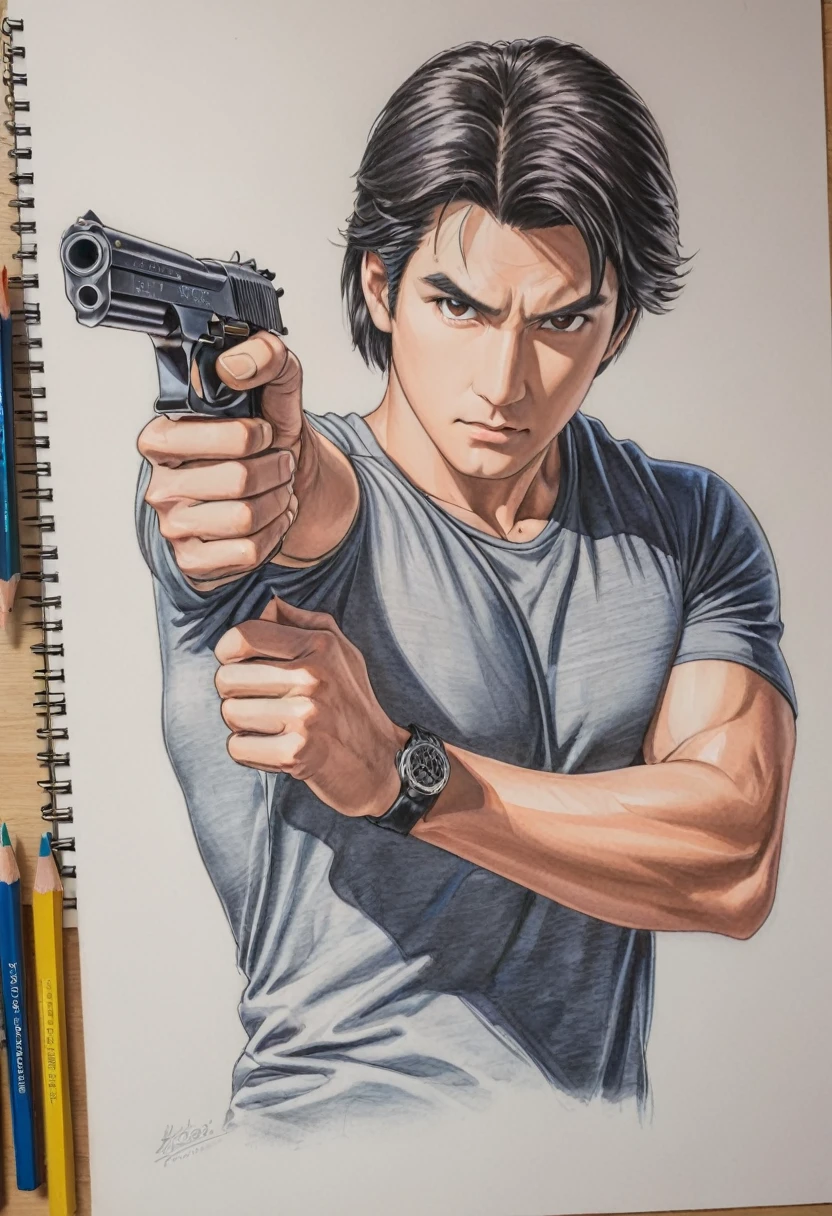 handgun , cityhunter, male,tshirt,white,Art,ad,colour pencil drawing,draft drawing