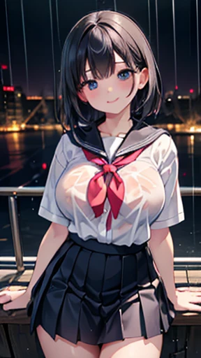 (masterpiece:1.3, Highest quality, Ultra-high resolution, Very detailed), (Realistic:1.1, photoRealistic:1.4), Beautiful illustrations, Perfect lighting,Written boundary depth, Beautiful detailsまでこだわった髪, Beautifully detailed face, Beautiful details, Beautiful clavicle, Beautiful body, Beautiful and juicy breasts, Beautiful thighs, Beautiful legs, View your audience, 1 girl,Perfect Face, (Perfect Anatomy, Anatomically correct), Cute and symmetrical face、Baby Face、((Shiny Hair)),(Beautiful views),(Outdoor, Blurred night cityscape),(かわいいsmile, smile)、Sexy Body、(masterpiece),(Highest quality：1.3),8k,Very clear,(Ultra-realistic), One Girl,Wide Shot,((Large Breasts)),Wide Hips,Beautiful legs, Captivating woman、(masterpiece、Highest quality、Very detailedな)、((1 girl))、((Short black hair))、black eye、((とてもLarge Breasts))、((((Japanese school girl uniform))))、((Bra that shows through the shirt))、((Wet clothes))、(((Uniforms sticking to the body in the rain)))、Cowboy Shot、