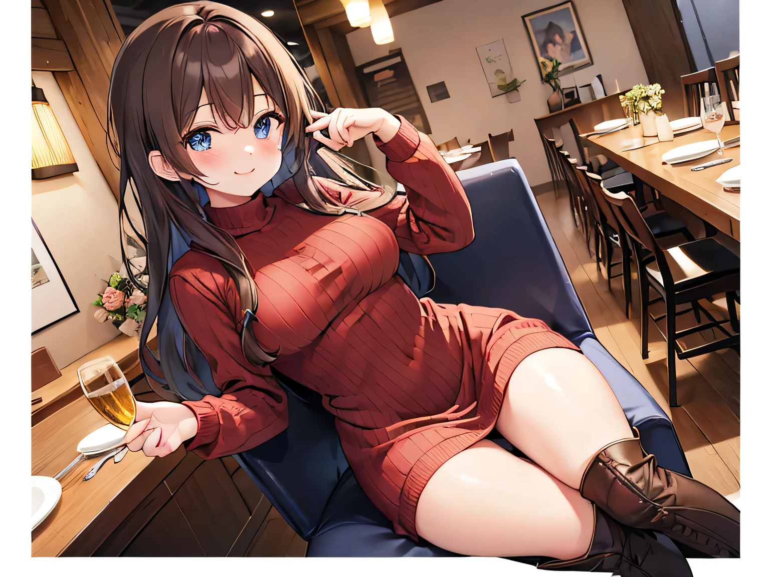 (masterpiece、Highest quality、High resolution、Realistic photo、Real looking skin:1.1)、
(A woman is sitting on a chair in a pasta restaurant:1.8)、
(Looking at her from a frontal perspective:1.8)、
(She has a happy smiling face:1.8)、
(She is wearing a red long-sleeved turtleneck knit mini dress with no slits:1.8)、
(This is a ribbed knit dress that shows off your body lines beautifully.:1.8)、
(She is wearing brown mid-length boots.:1.8)、
(The panties have a white pattern:1.5)、
(She has long brown hair.:1.5)、
(She is 26 years old and has a mature look.:1.5)、
(She is a big person:1.5)、
(She is quite beautiful:1.5)、
(The location is a chair at a pasta restaurant.:1.5)、
1 Japanese Girl、solo、Full Body Esbian、Beautiful Eyes、Shining Eyes、Shining thighs、NSFW