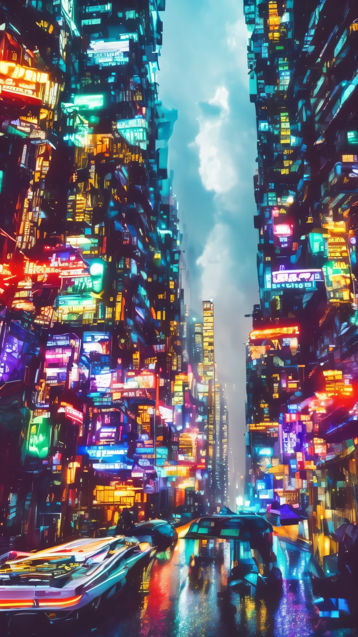 a cyberpunk city in watercolor, low angle, detailed neon lights, futuristic architecture, rain-soaked streets, atmospheric lighting, glowing windows, hovering flying cars, moody colors, cinematic composition, dramatic shadows, intricate details, gritty and realistic, best quality, 8k, ultra-detailed, photorealistic