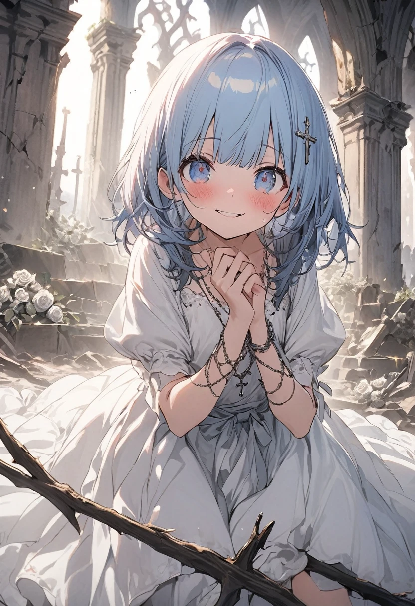 masterpiece, best quality, ultra-detailed, illustration,1girl, looking at viewer, best quality,depth of field,(closed mouth,light smile,blue eyes:1.1),beautiful detailed glow , (apron:1.3),(hands behind back:1.3),(arms behind back:1.3),blaze (arknights),