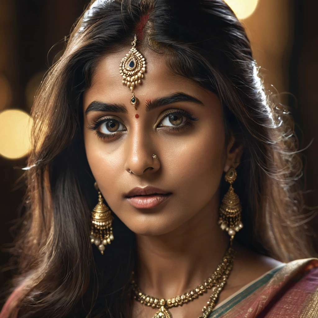 a beautiful mysterious indian woman, intricate detailed face, piercing eyes, long eyelashes, delicate skin, natural beauty, flowing hair, candid elegant pose, dramatic lighting, cinematic mood, muted color palette, chiaroscuro lighting, high quality, photorealistic, 8k, intricate details, professional rendering