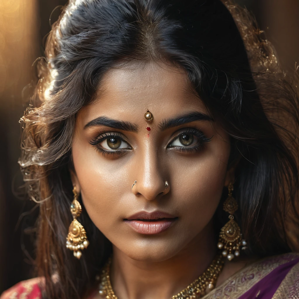 a beautiful mysterious indian woman, intricate detailed face, piercing eyes, long eyelashes, delicate skin, natural beauty, flowing hair, candid elegant pose, dramatic lighting, cinematic mood, muted color palette, chiaroscuro lighting, high quality, photorealistic, 8k, intricate details, professional rendering