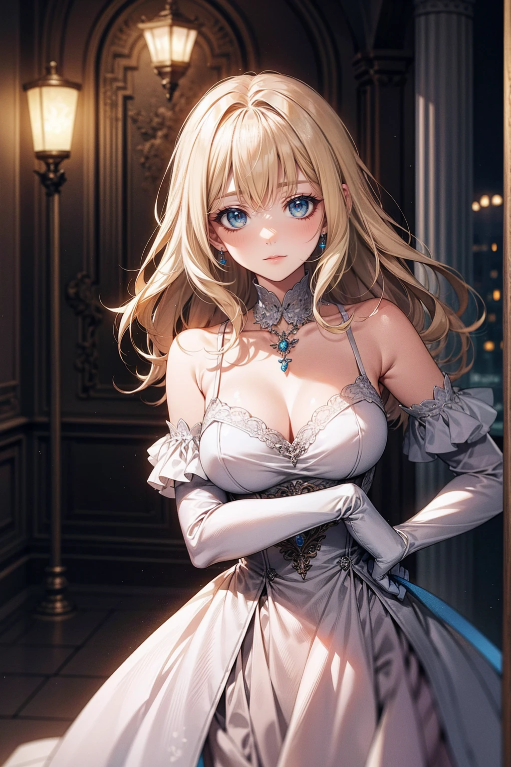 long gloves up to the elbow、dress、blonde lady、