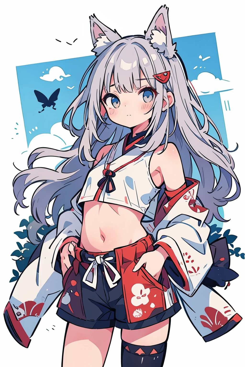 、Young、、belly button、stomach、Shorts、Serious expression、(Closed Mouth:1.1)、Silver Hair、Animal Ears、Tail of the beast、Miko costume、Japanese style