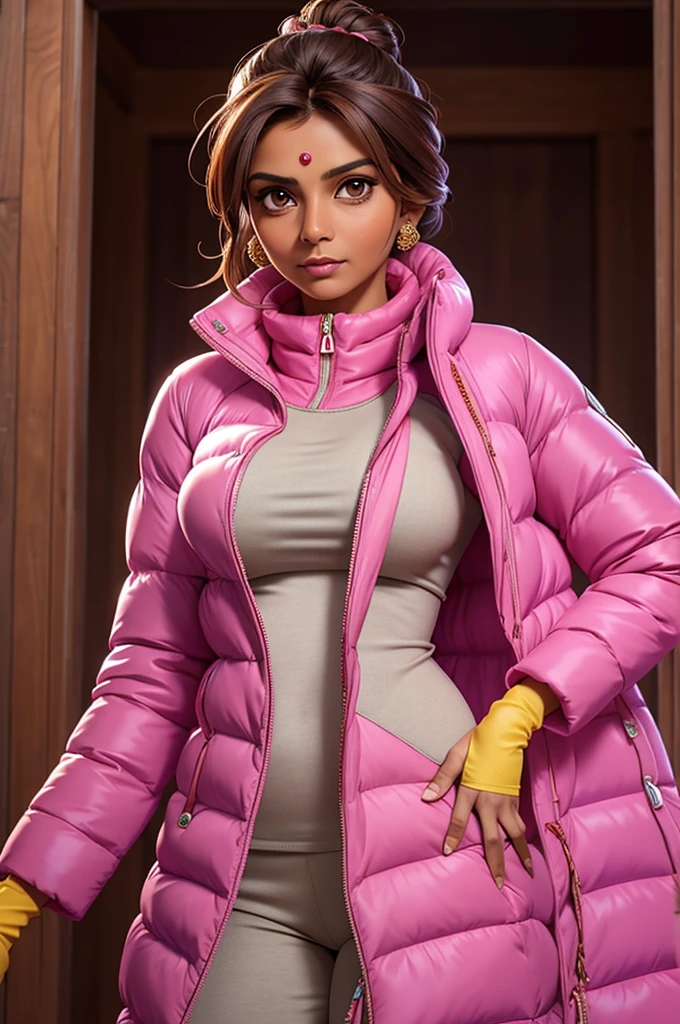 beautiful indian woman of 45 years old , brown hair, hair in bun with tendrils, looking directly at the camera, very realistic,   silk hot pink moncler puffer coat, clothes tight against body, clothes too tight, film grain, fit muscular body, big breasts,  clothes too tight, seductive, lipstick, down jacket, puffer coat