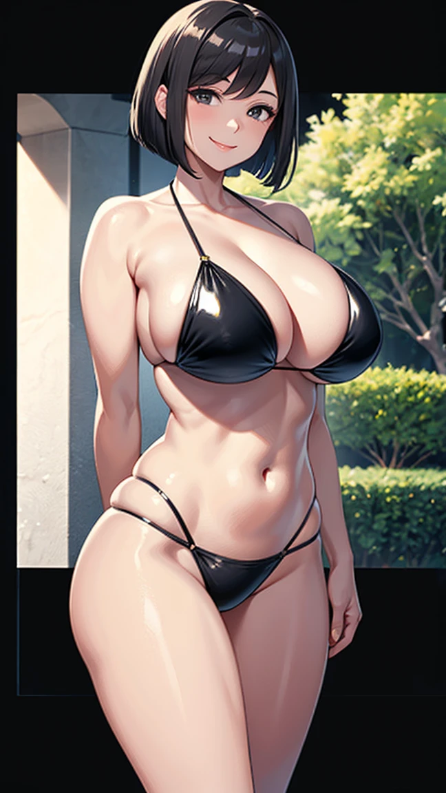 (high resolution), 1girl, woman, mature female, housewife, milf, 40 years old, (curvy woman:1.4), (smile:1.6), (evil grin, light smile:0.5), (shiny skin, glistening skin, high gloss skin:1), (Glossy metallic bikini:1.3), (gigantic breasts:1.2), solo, black hair, middle hair, bob cut, black eyes, looking at viewer, arms behind back, tree shade, walking in the black background room.