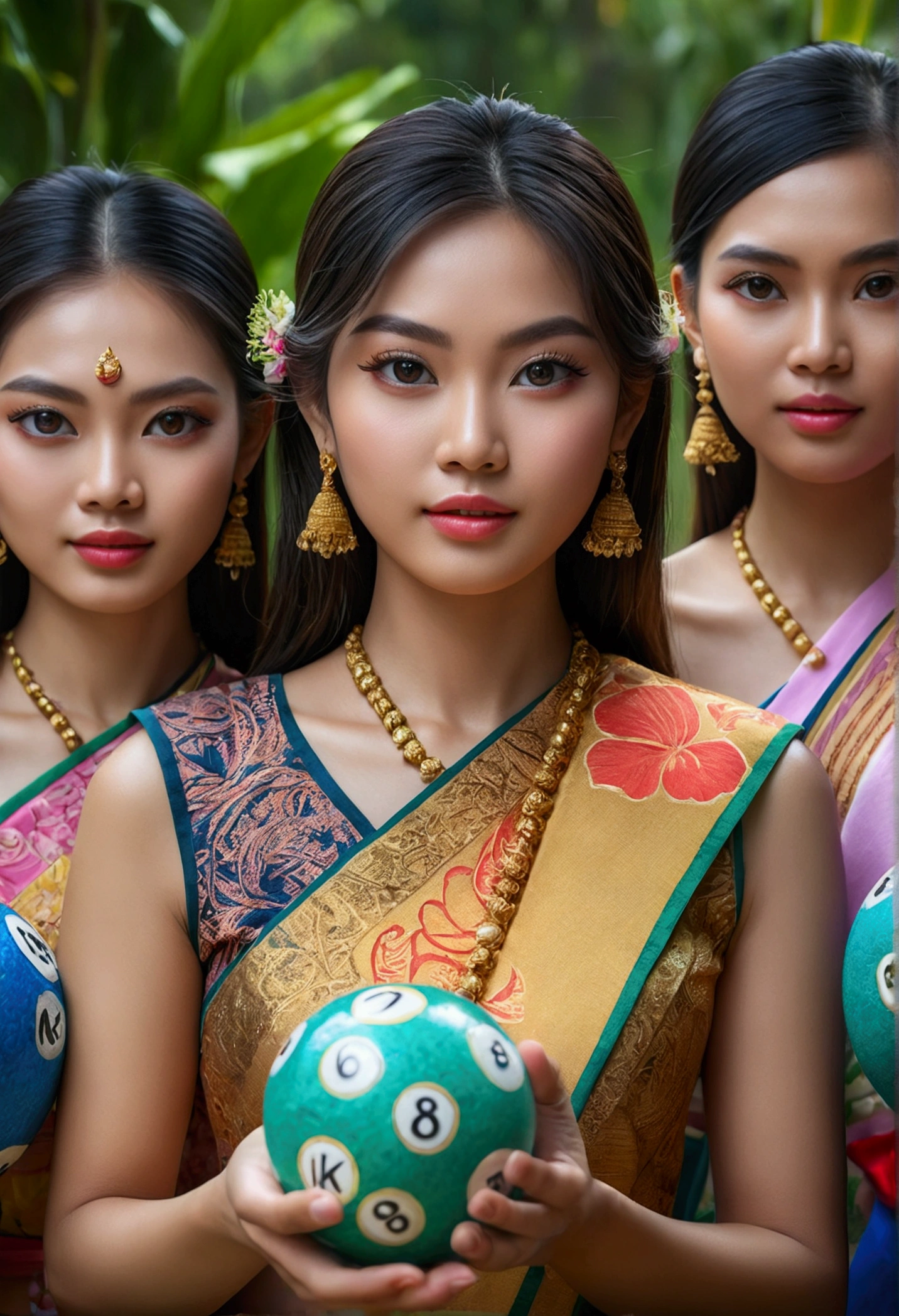 6 beautiful Thai girls holding lottery balls with numbers floating above, beautiful detailed eyes, beautiful detailed lips, extremely detailed eyes and face, long eyelashes, athletic athletic bodies, colorful traditional Thai dresses, tropical garden background, (best quality,4k,8k,highres,masterpiece:1.2),ultra-detailed,(realistic,photorealistic,photo-realistic:1.37),vibrant colors,natural lighting,cinematic composition,intricate details,highly detailed facial features