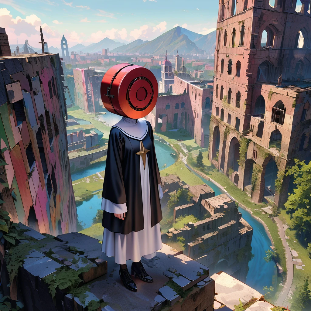 Inorganic mannequin head: 1.2, ruins, nun clothes, religious clothes, object head, priest, mysterious background, geometric landscape, inorganic background, detailed scenery, absurd, ultra quality,