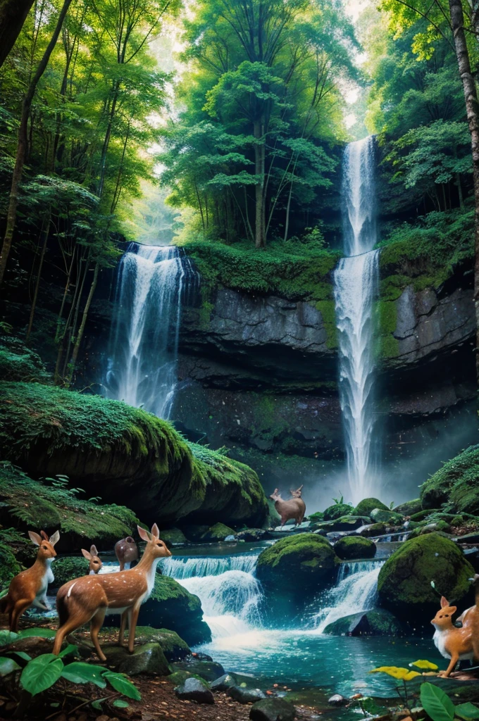 The bird led them to a secret enchanted forest where everything was magical. The leaves of the trees were like chocolate, and the waterfall's water flowed like colorful candies. They saw some friendly creatures, like a talking rabbit, a singing deer, and dancing squirrels.