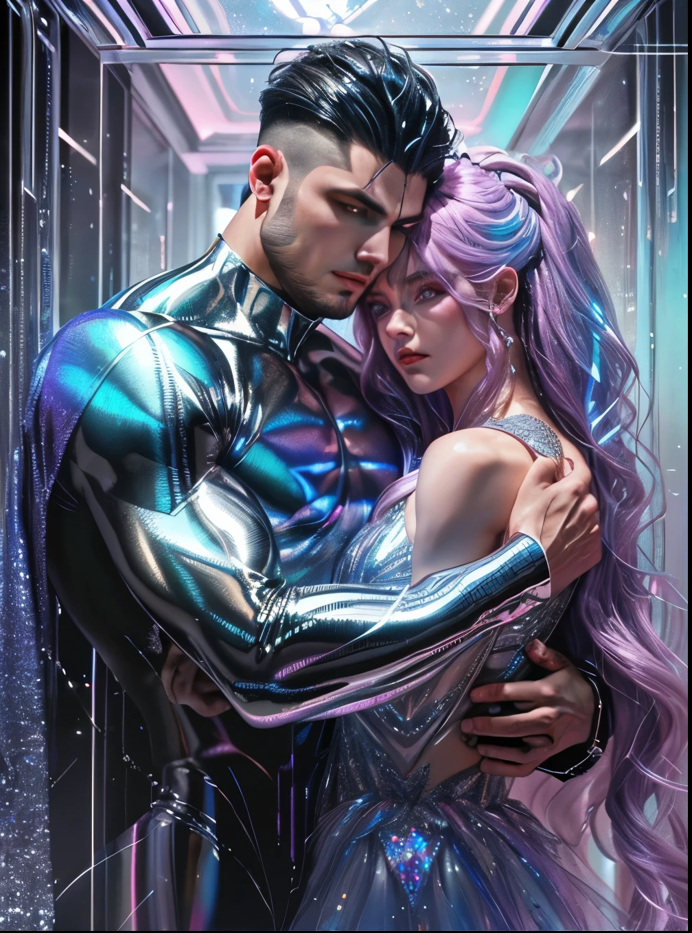 (mid_shot:1.3),(1 male:1.2),(muscle man:1.1),(frontal illumination:1.2),with a silver body and glitterati with lights above,extreme iridescent reflection,in the style of vray tracing,vibrantmanga,shiny/ glossy,rococo pastel,fluid form,tinycore,fluid impressions,vray,machine aesthetics,yanjun cheng,silver,shiny eyes,fluidform.,the young warrior,male characteristics,