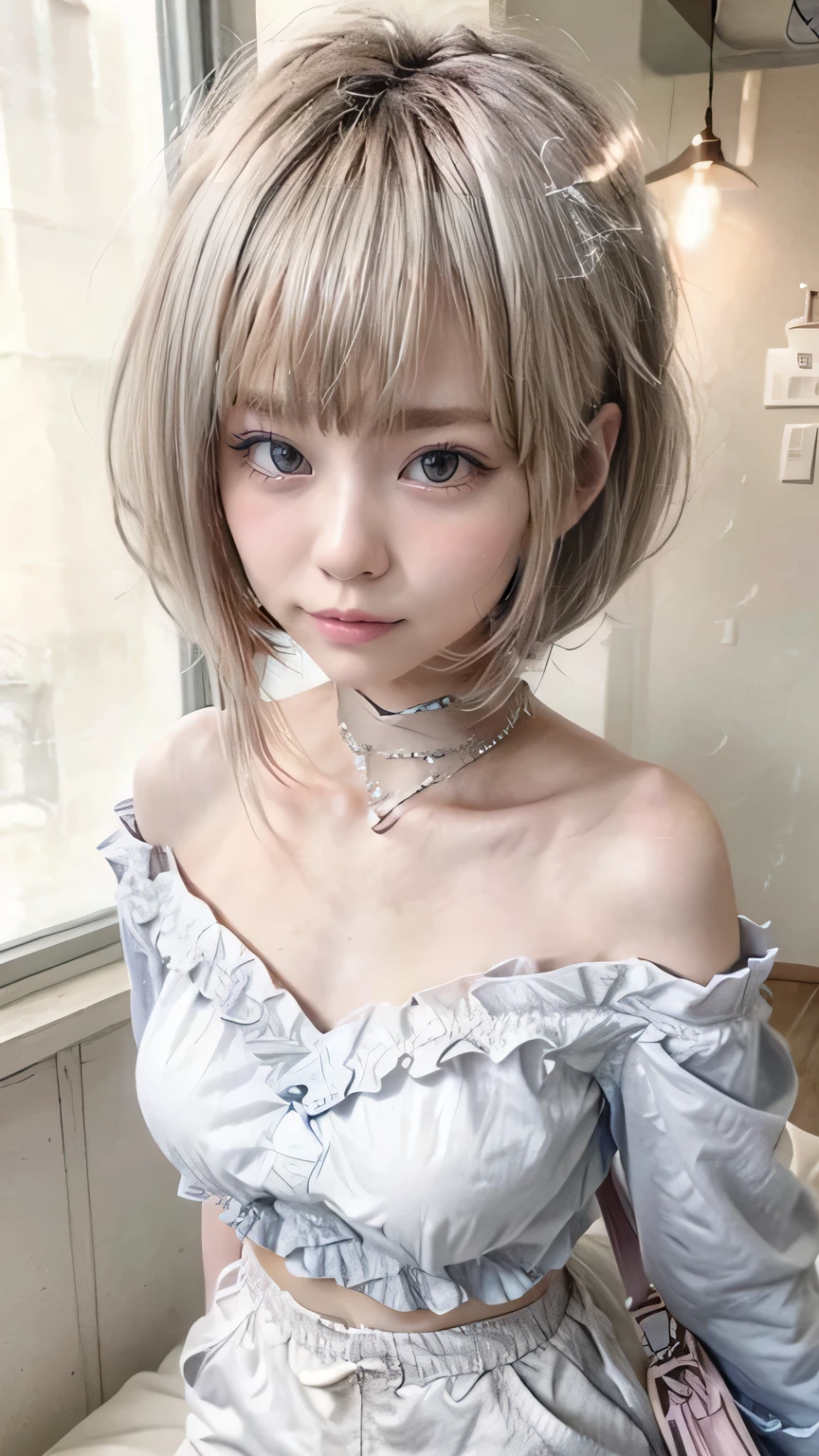 (Realistic、Like a photograph、Live Action、8k, Realistic, RAW Photos, Best image quality: 1.4), Single-lens reflex camera、RAW Photos, Highest quality, Realistic, Highly detailed CG Unity 8k wallpaper, Written boundary depth, Cinematic Light, Lens flare, Ray Tracing, Realistic background、A landmine girl waiting for an appointment、((Wearing an off-shoulder white blouse:1.4)、((Wear wide leg pants:1.1、((The strap of the shoulder bag passes between the chest:1.5、paisla:1.5、Vice Rush)))、Small breasts)、Cute ass)、((ultra high density skin))、 1 female,cute Japanese、Standing in front of the station, waiting for someone while looking at his smartphone、The whole body is visible:1.5、Wearing sneakers:1.1、((Silver Hair:1.5)、short hair:1.2、My hair flutters in the wind)、stylish ambiance、Very detailed and perfect costume、(White skin)、Precise and beautiful legs:1.1、View from above、Super detailed face