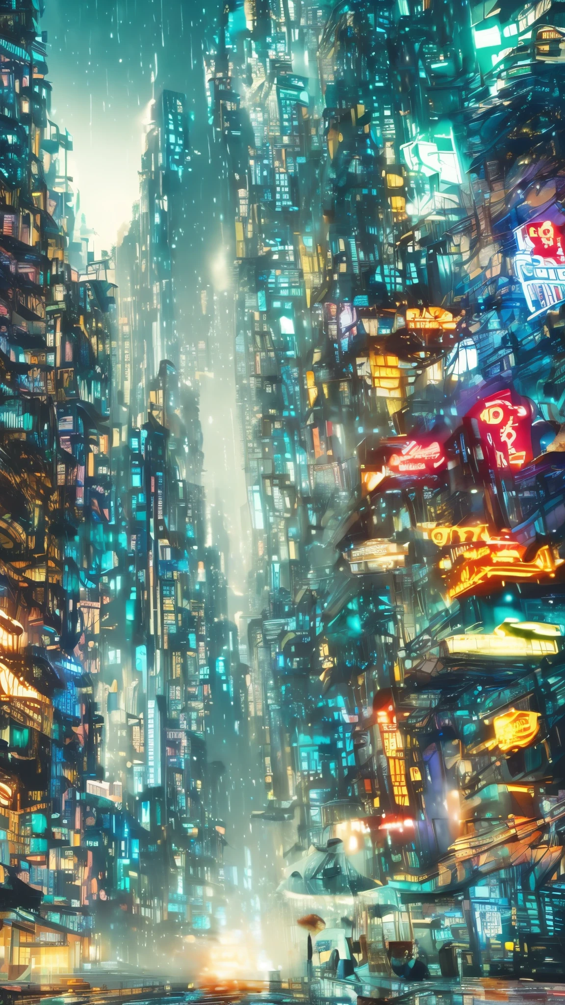 a cyberpunk city in watercolor, low angle, detailed neon lights, futuristic architecture, rain-soaked streets, atmospheric lighting, glowing windows, hovering flying cars, moody colors, cinematic composition, dramatic shadows, intricate details, gritty and realistic, best quality, 8k, ultra-detailed, photorealistic