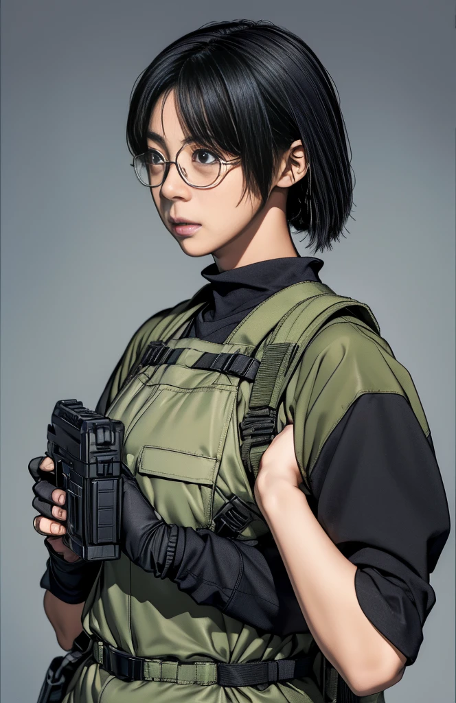 In a realistic military setting、A female warrior stands firm。Her jet black hair was tied back、Helmet、headset、Wears utility uniform with load-bearing vest equipped with goggles。She holds an assault rifle in one hand、With the other hand holding a gun、Hands covered with fingerless gloves。A rifle hangs from a shoulder holster.、The clothing has a camouflage pattern。Her glasses rest on the tip of her nose、Adding an unexpected and ordinary touch to this intense scene.。