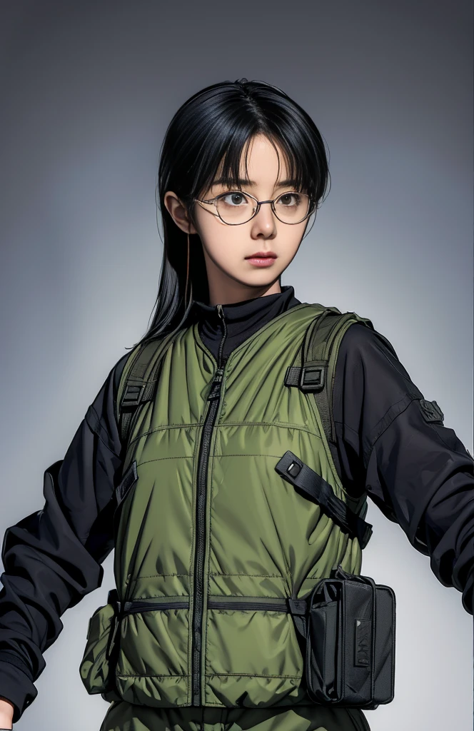 In a realistic military setting、A female warrior stands firm。Her jet black hair was tied back、Helmet、headset、Wears utility uniform with load-bearing vest equipped with goggles。She holds an assault rifle in one hand、With the other hand holding a gun、Hands covered with fingerless gloves。A rifle hangs from a shoulder holster.、The clothing has a camouflage pattern。Her glasses rest on the tip of her nose、Adding an unexpected and ordinary touch to this intense scene.。