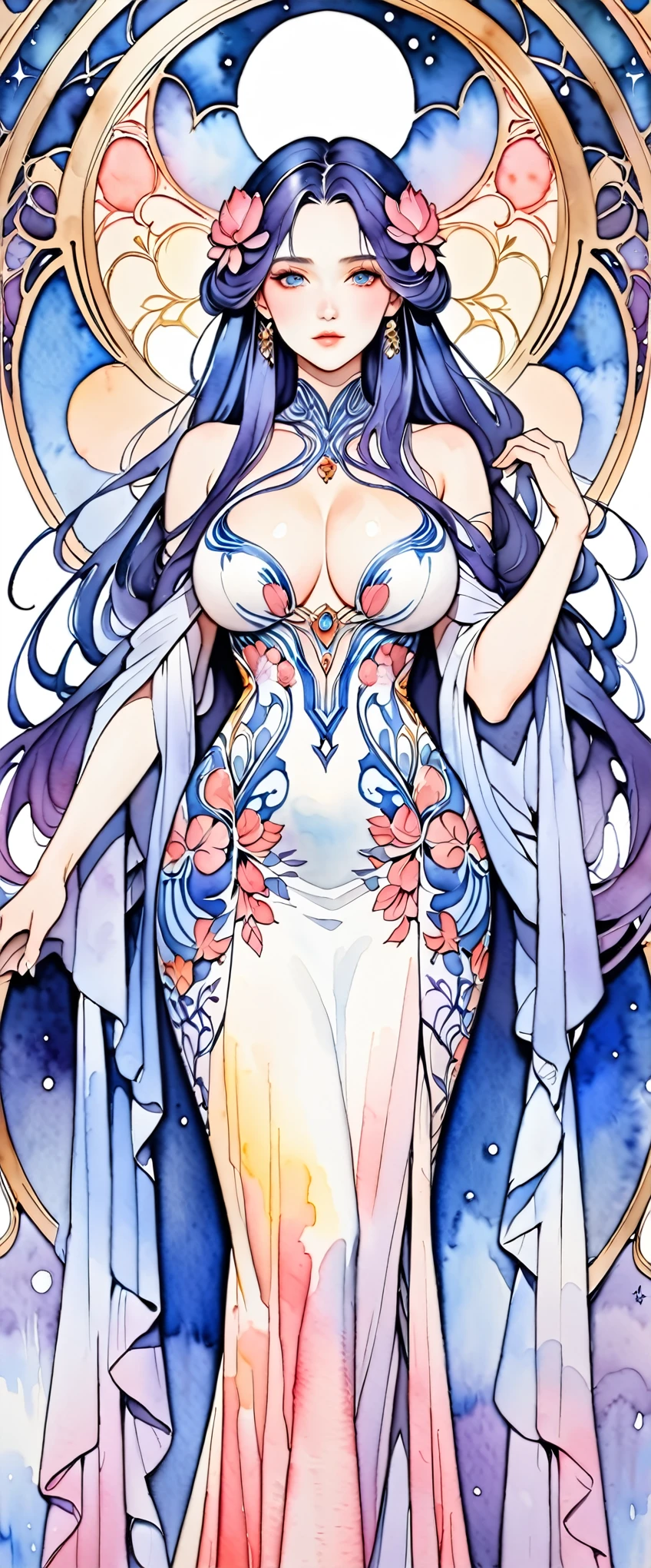 (masterpiece:1.2),(Highest quality),(Very detailed),(High resolution),8k,wallpaper,(Watercolor:1.6)1 girl,Beautiful female hands,Fine hand,the goddess is standing,Big Breasts,front,dress,Art Nouveau-inspired designs and patterns