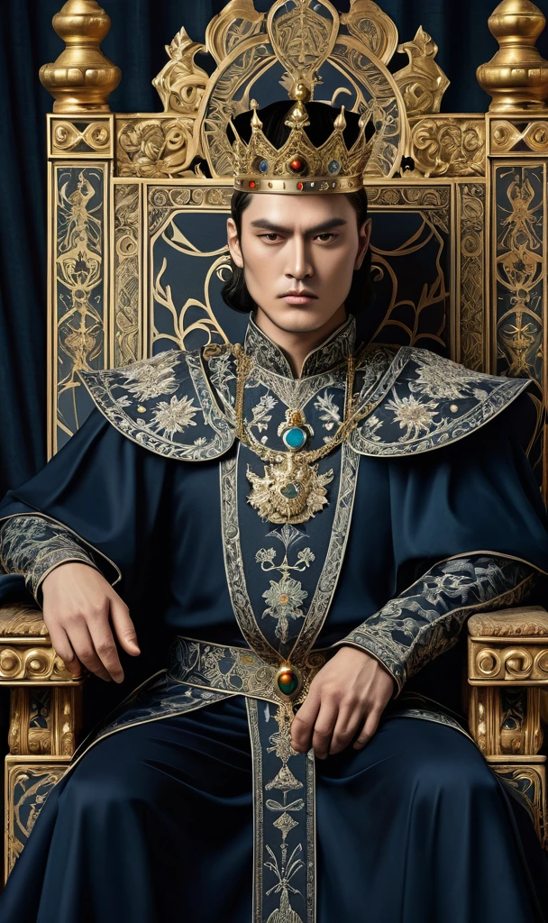 (Masterpiece, Masterpiece), Tarot Cards, Cards, (Delicate Facial Features), Male Emperor, Crown, Sword, Sitting on a Throne, Serious Expression, 8K, Intricate Details, (Digital Works of Art)