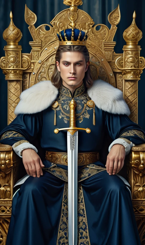 (Masterpiece, Masterpiece), Tarot Cards, Cards, (Delicate Facial Features), Male Emperor, Crown, Sword, Sitting on a Throne, Serious Expression, 8K, Intricate Details, (Digital Works of Art)