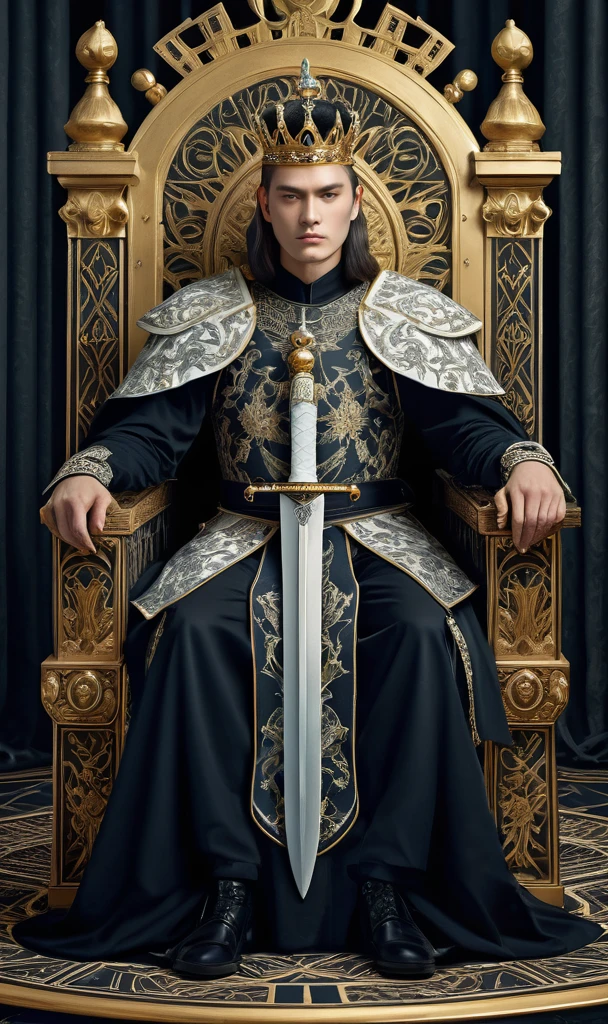 (Masterpiece, Masterpiece), Tarot Cards, Cards, (Delicate Facial Features), Male Emperor, Crown, Sword, Sitting on a Throne, Serious Expression, 8K, Intricate Details, (Digital Works of Art)