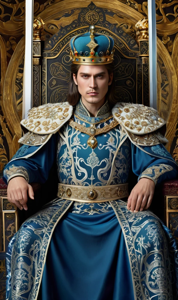(Masterpiece, Masterpiece), Tarot Cards, Cards, (Delicate Facial Features), Male Emperor, Crown, Sword, Sitting on a Throne, Serious Expression, 8K, Intricate Details, (Digital Works of Art)