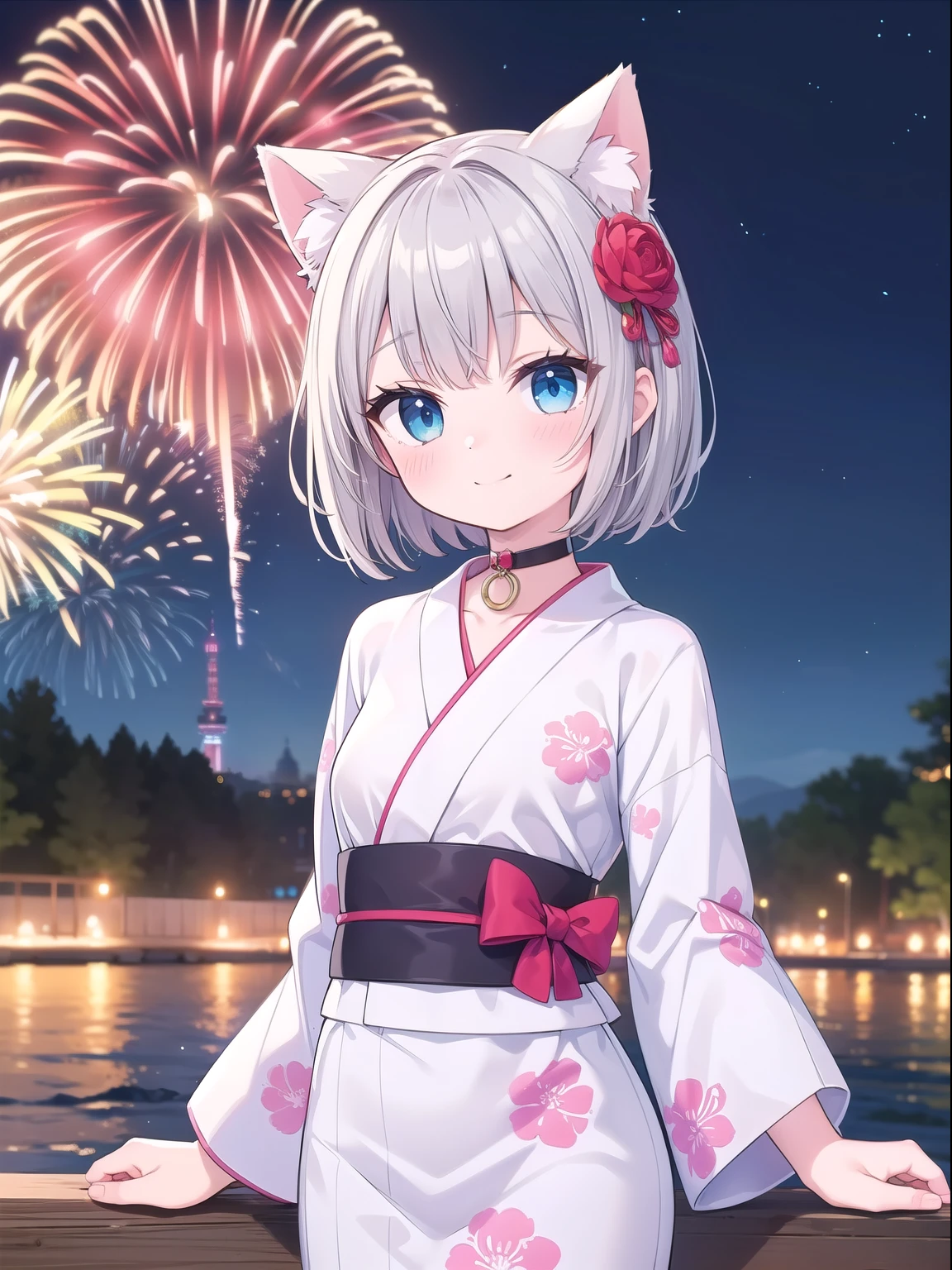 ((Fireworks display)), Pier, (One girl), cute, {(Peony stalk), Floral print, yukata}, (happiness:1.3), (Cat ear), (choker), ((Gray Hair)), Bobcut, hair ornaments, (Arms at your sides), Blue Eyes, night, Outdoor, (Cowboy Shot), ((Highest quality)), ((masterpiece)), (detailed), Perfect Face, Perfect Arms, Perfect hands, Perfect Fingers, anime, Ultra-fine illustration,