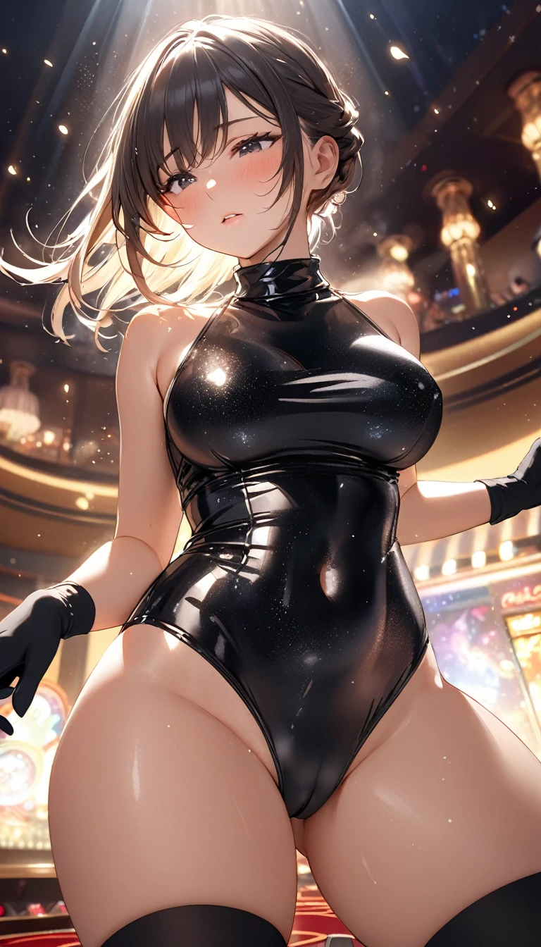 Highest quality, Great quality, 16K, Unbelievably absurd, Very detailed, delicate and dynamic, Indoor lighting, Particles reflect light, Diffuse reflection of light, casino, Diffuse reflection of light, Create amazing image effects, receive, close(Cute sexy girl, big, Swaying bust, Sensual expression, Cool girl, strict, passion, dynamic, Glossy black swimsuit、turtleneck、Black knee socks、Black gloves、Thick pubic hair、audience , big歓声)
