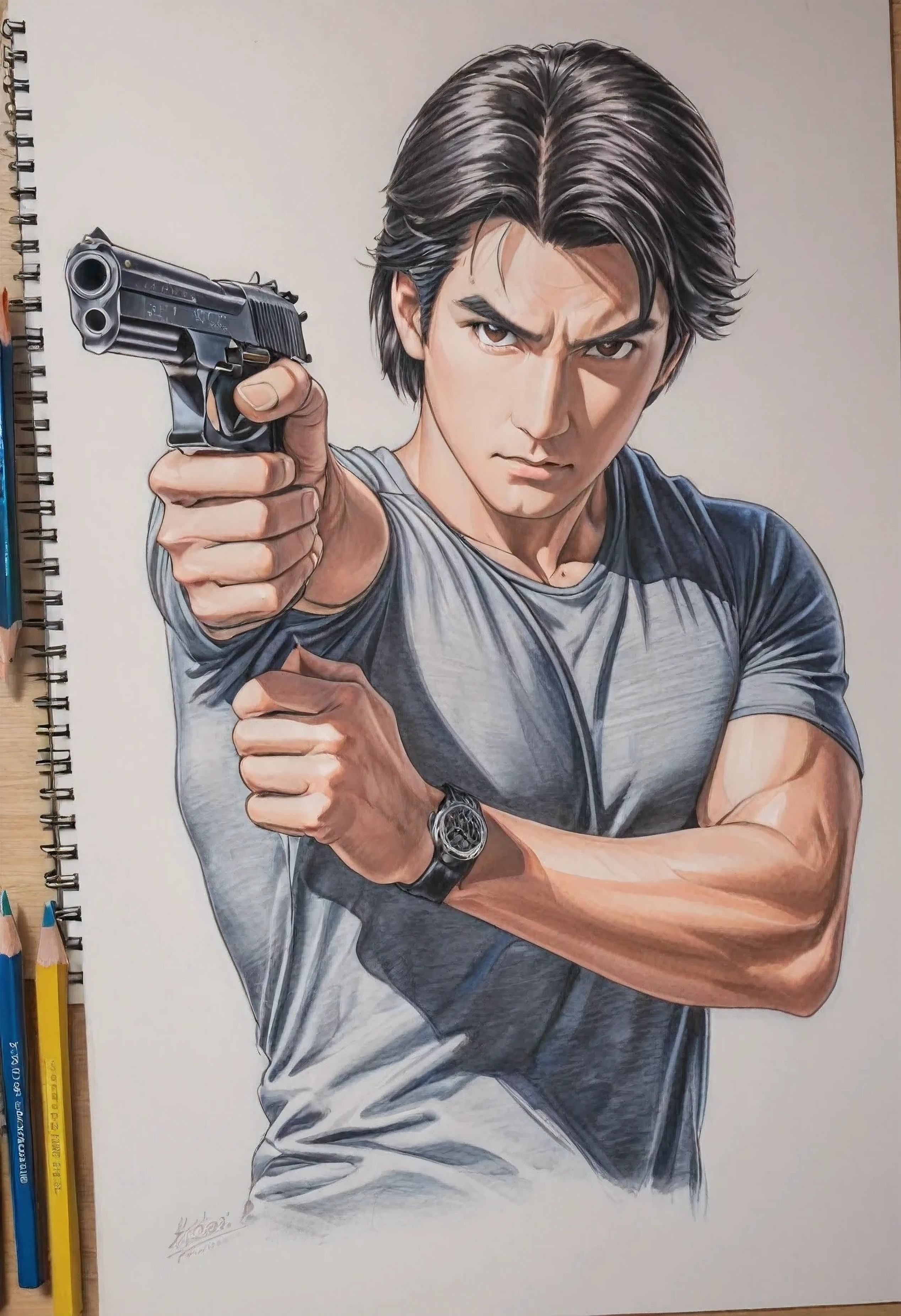 handgun , cityhunter, male，tshirt，white，Art，ad，colour pencil drawing，draft drawing 