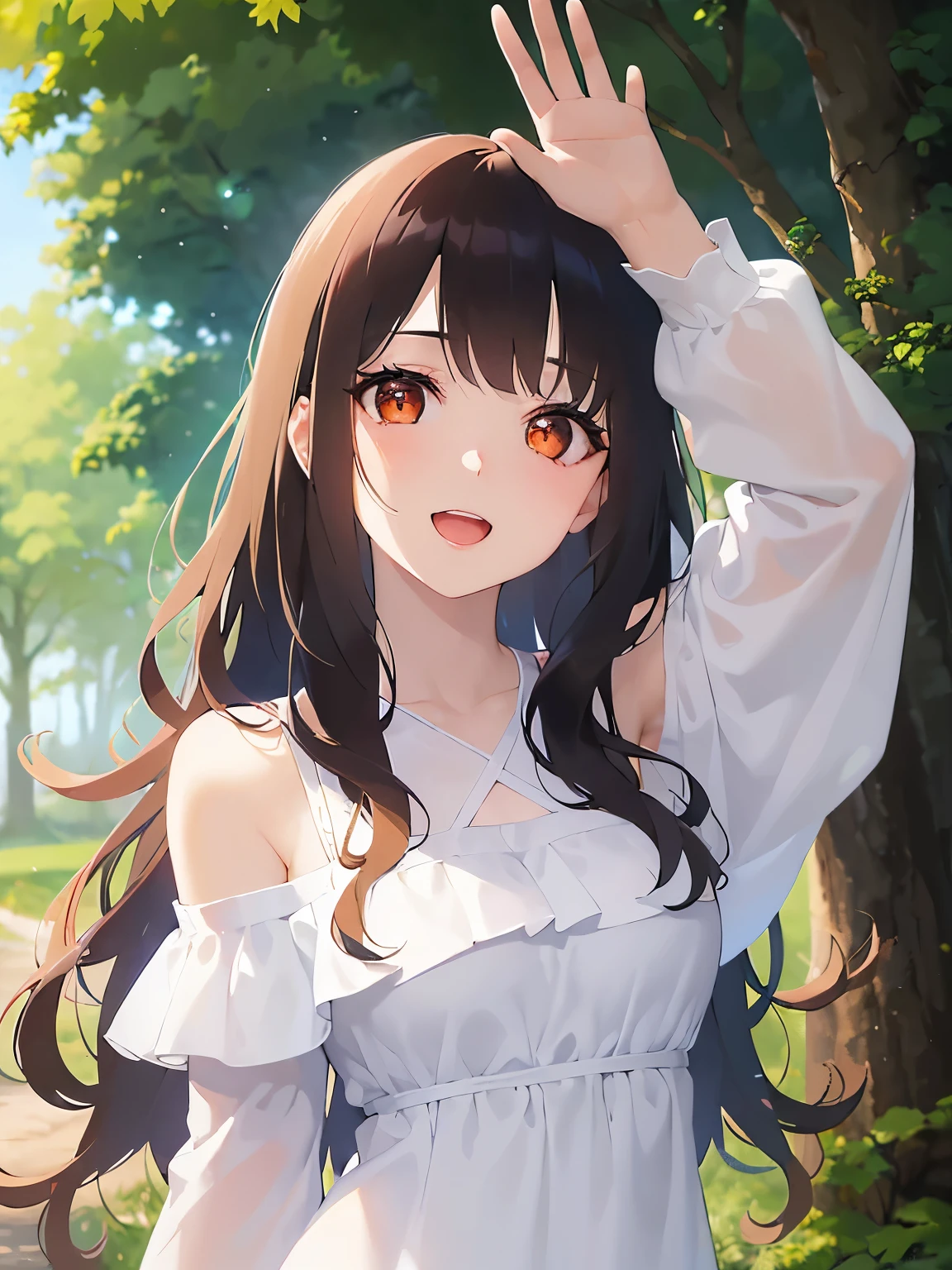 waving hand, upper body、(pale skin: 1.2), shiny skin, shiny hair、(A 25-year-old woman with medium-length hair and bangs) and (wavy hair) and (brown hair) and (orange eyes) , (white) and (off shoulder dress) 、smile, open mouth, blush, Forest park in the background、Alone、Are standing