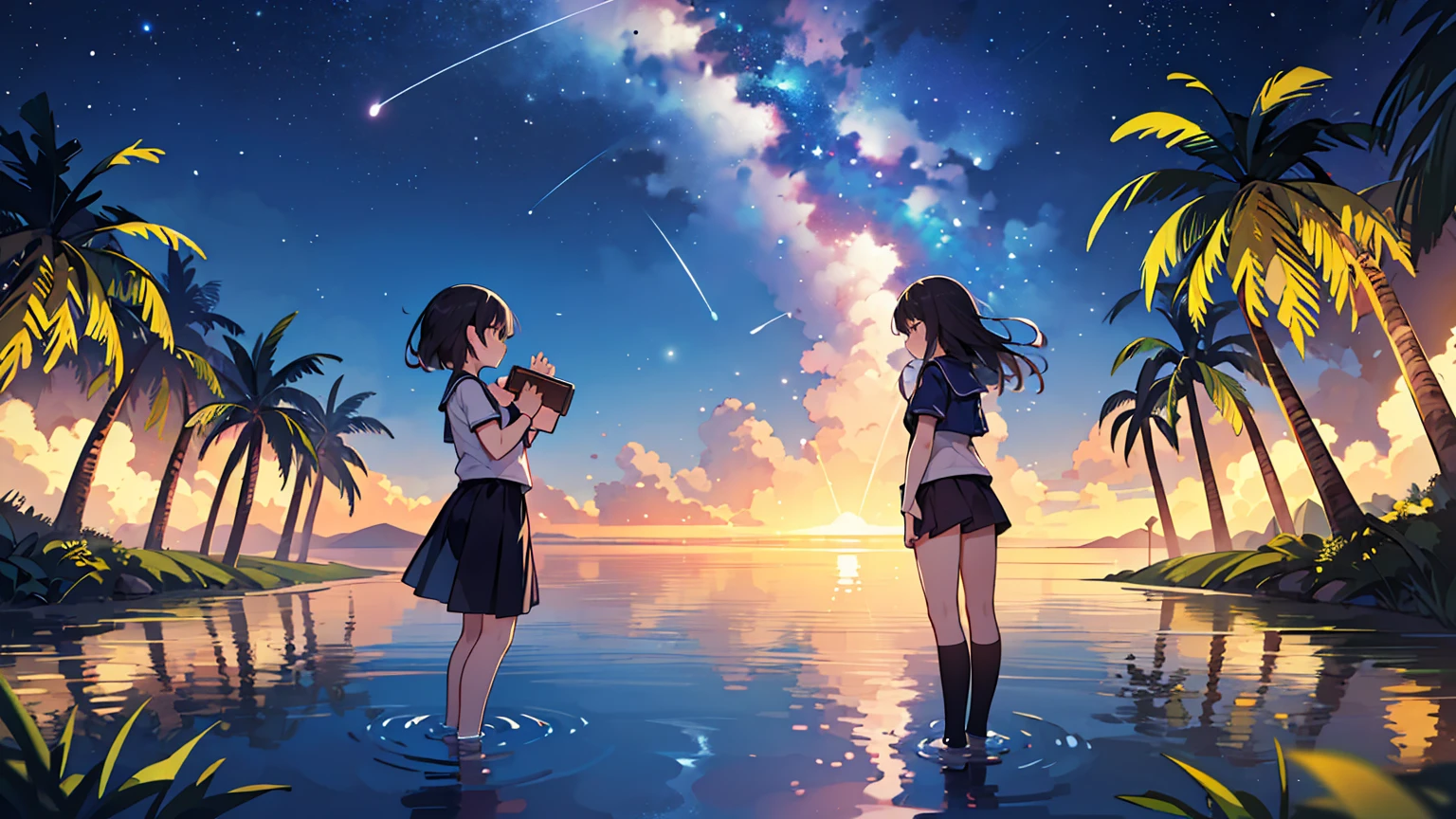 (masterpiece, best quality),vast sea, calm,Milky Way,cloud,midnight,As if reflected in a mirror,sublime,palm tree,bossa nova style, A famous scene that will be remembered in history