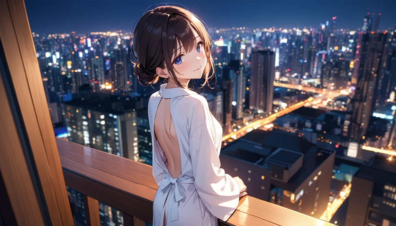 高いquality illustration, masterpiece, Very delicate and beautiful, Attractive girl,(White bathrobe),thin,Slender body,slim、Looking down on the night view from a high-rise apartment,Veranda Background,Princess, Beautiful Eyes,smile、Embarrassing、blush、(masterpiece, Highest quality:1.2), High resolution, Very detailed CG ユニティ 8k 壁紙, Perfect lighting, colorful, 超High resolution,4K,Very detailed, photograph, 8k, High resolutionolution, 、Back view、Overlooking the city、Shot from above