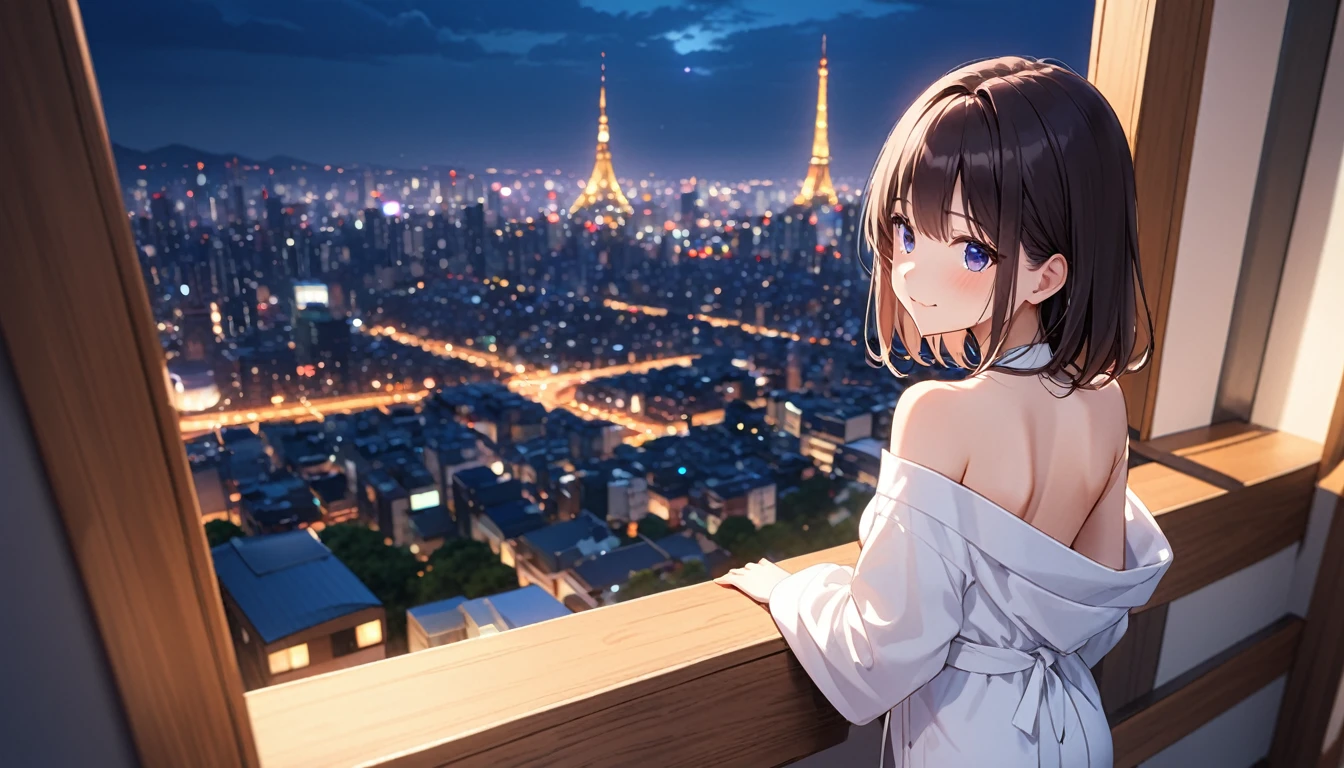 高いquality illustration, masterpiece, Very delicate and beautiful, Attractive girl,(White bathrobe),thin,Slender body,slim、Looking down on the night view from a high-rise apartment,Veranda Background,Princess, Beautiful Eyes,smile、Embarrassing、blush、(masterpiece, Highest quality:1.2), High resolution, Very detailed CG ユニティ 8k 壁紙, Perfect lighting, colorful, 超High resolution,4K,Very detailed, photograph, 8k, High resolutionolution, 、Back view、Overlooking the city、Shot from above