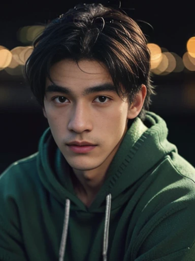 Best quality, masterpiece, ultra high res, (photorealistic:1.5), raw photo, in the dark, deep shadow, low key, cold light, man face, 1 man, 1man, man, Jaws firm, no mustache and beard, thin eyebrows, thin lips, Eye shape like a snake's eye, realistic, Male shoulders, Muscular, mullet hairstyle, broad shoulders, black hair, tan skin, cool face, bad boy vibe, ((wearing dark green hoodie sweater)), smirk face, masculine, look cool, cool face, mainly face, full body portrait, Night city background, sharp eye, tan skin, Look like a Filipino boy, brown eye, looks 19 years old, 19 years old, real, Handsome.