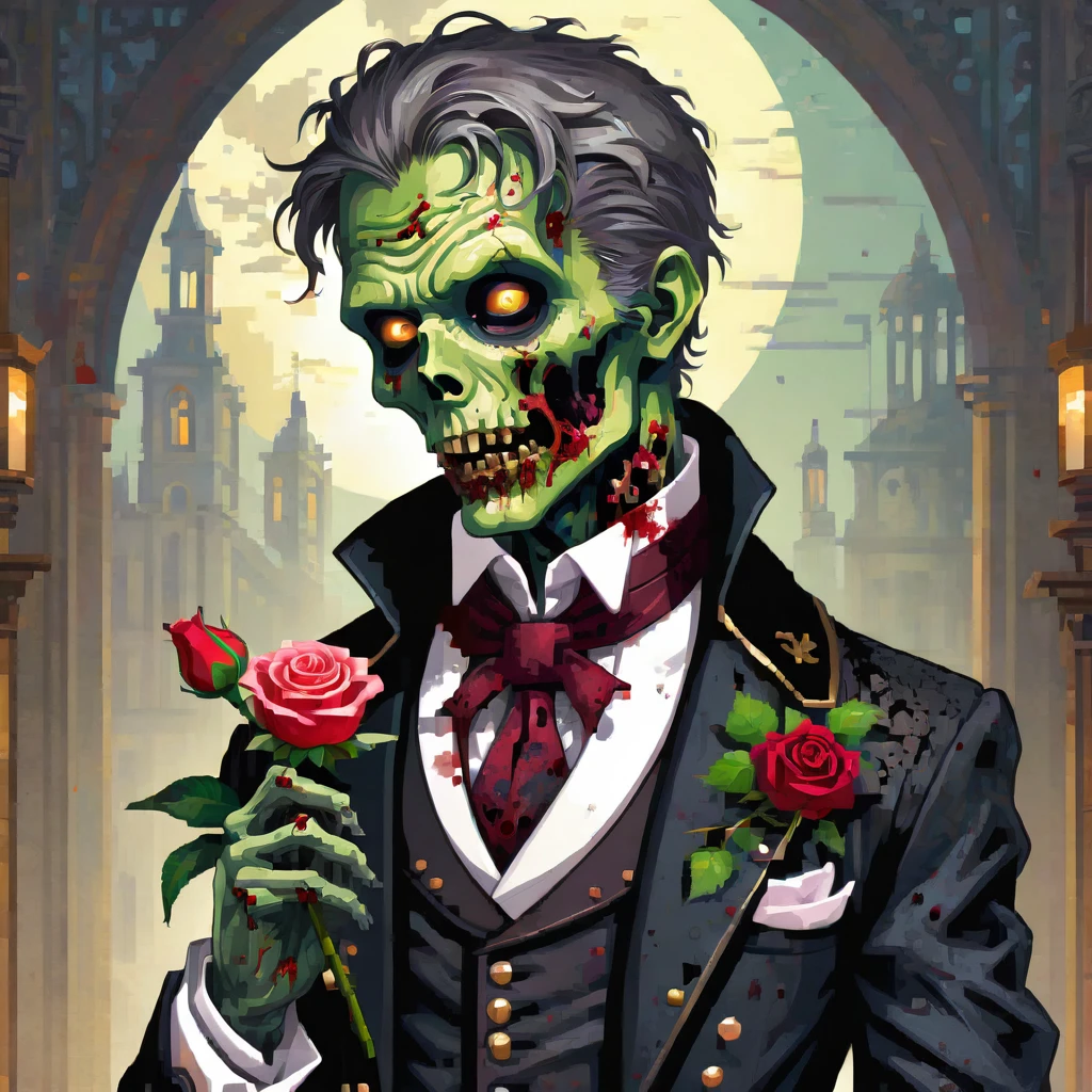 A handsome zombie in a tailcoat holding a rose in his mouth, standing on a large smartphone, best quality, masterpiece, high details, Ultra intricate detailed