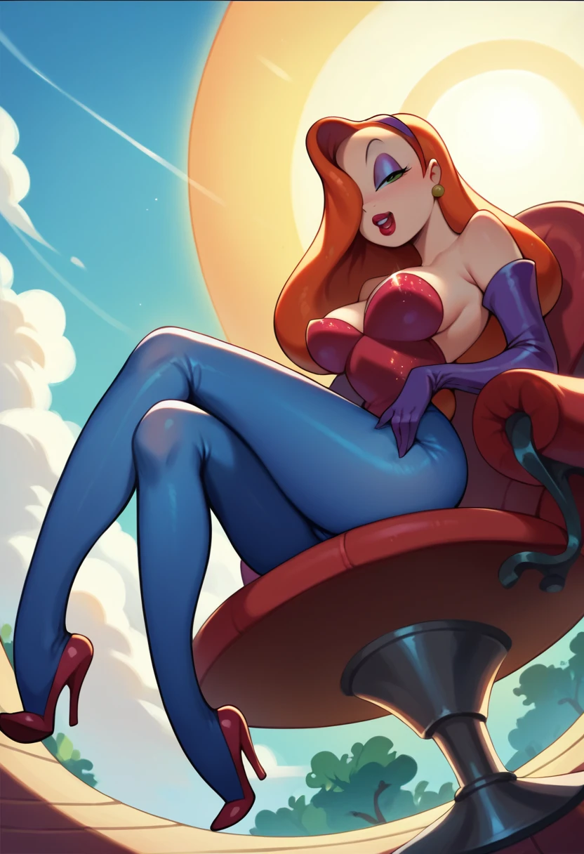 Jessica Rabbit, curly hair, very tiny miniskirt, blue pantyhose crotch,  sitting  open  legs,  heels,  head  band, sun shiny day 