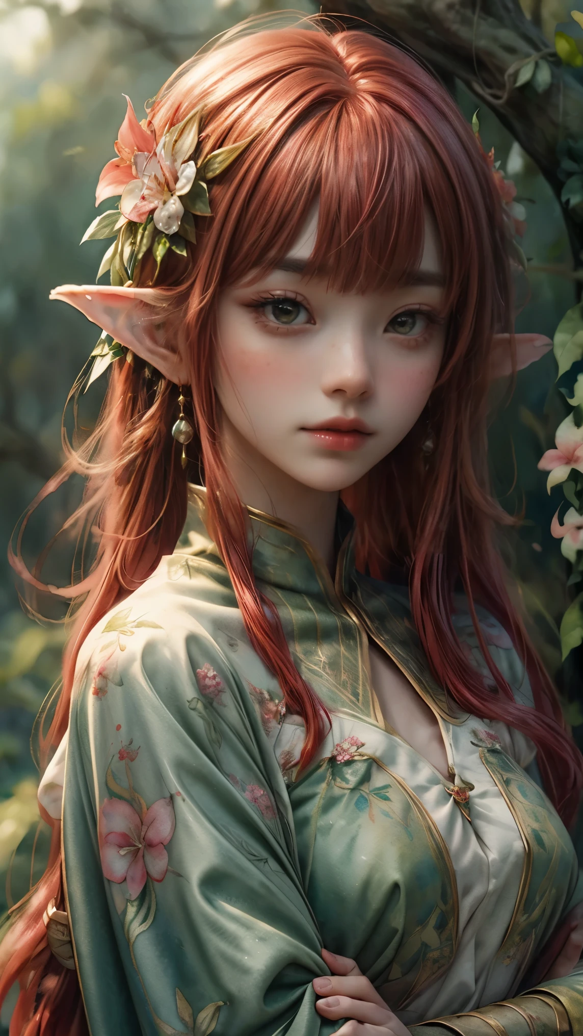 (watercolor: 1.2), Elf Princess, flower, freckle, Bangs, Red hair, Long hair, Green Eyes, Hair between the eyes, flower earrings, Blurred background, high resolution  