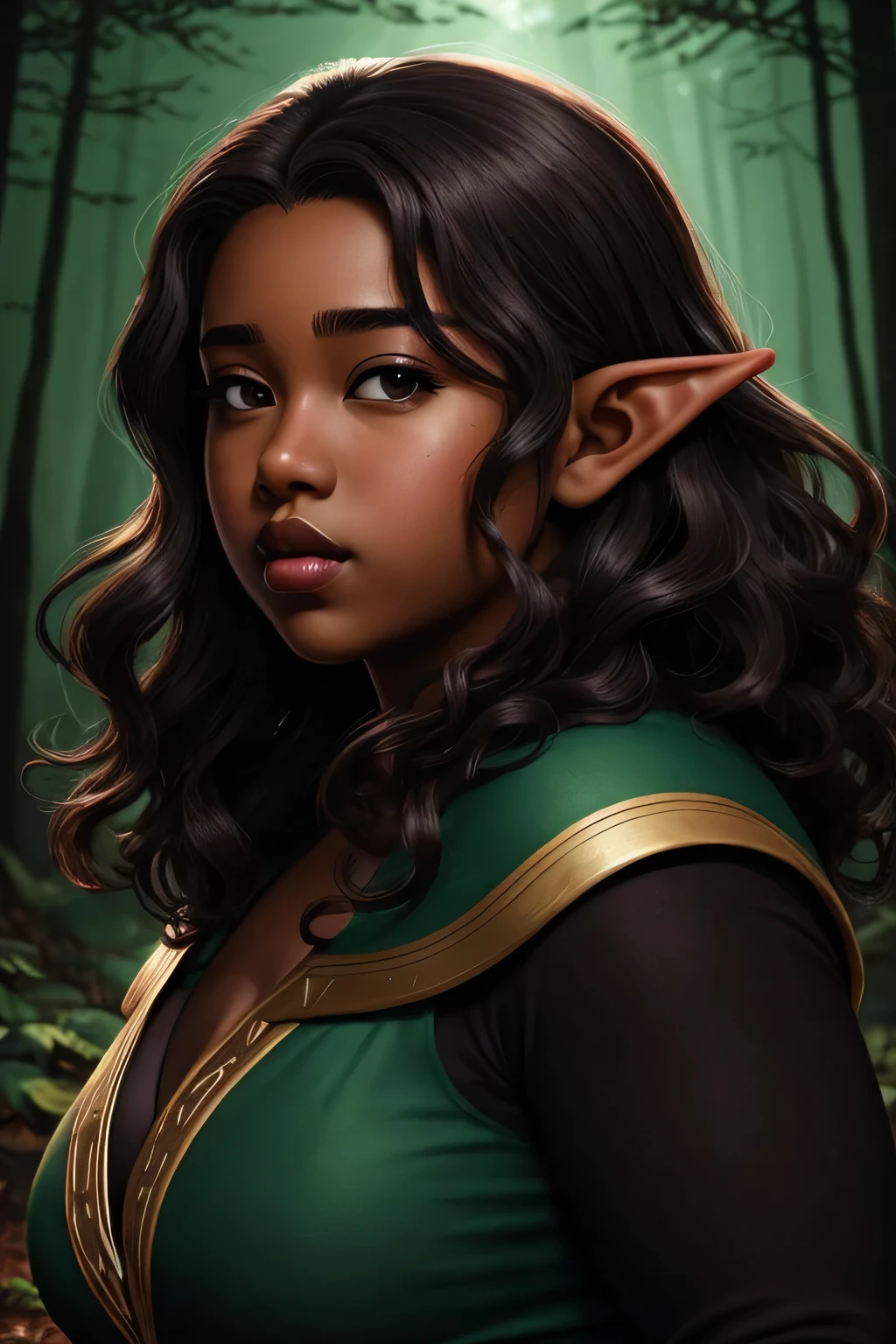 Anime illustration semi-realistic of dark brown skin latina girl, 25 year old, plus size, curvy, overweight, black eyes, black curly hair, big lips, anime, sleek design, elf ears, brown skin, dark skin, sideswept hairstyle, round face, fantasy mage clothing, luminous forest background,