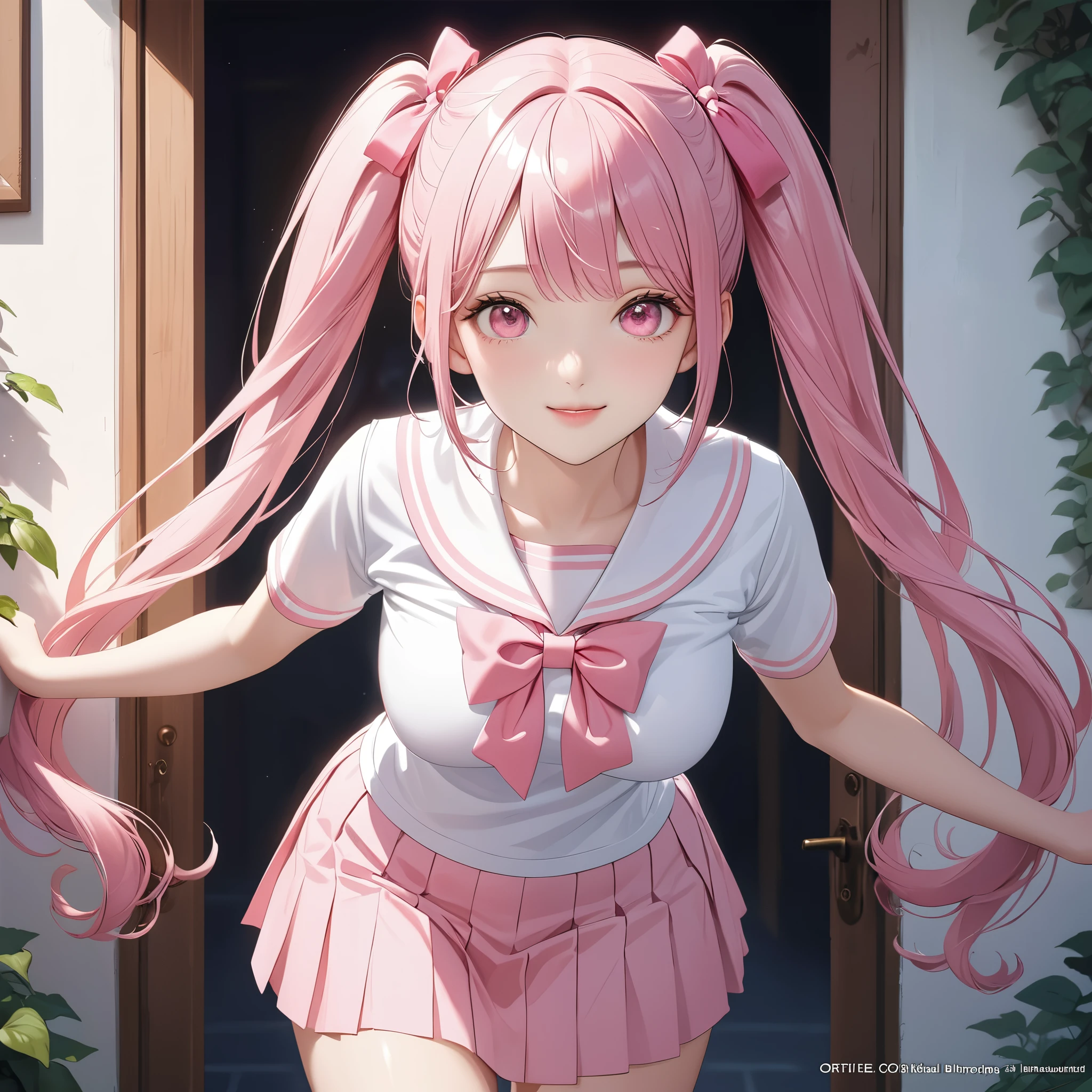 (8K, masutepiece, Best Quality, Official art, beautiful detailed, beautiful lighting, best masterpiece in history that exceeds limits), (1 Girl, Solo), (sixteen years old), (beautiful detailed face), (shiny white skin), (Beautiful big bust:1.3), (thighs, navel), (beautiful detailed pink twin tails hair, Bangs:1.3), (beautiful detailed drooping pink eyes:1.5), (high school uniform:1.3), (patsel pink sailor collar, white short sleeves short length outing shirt, pastel pink pleated skirt, patsel pink ribbon:1.3), (happy smile:1.2), (Attractive, Look at the camera, cute pose), breathtaking scenery, (ultra detailed realistic Beautiful garden, blue sky), (open a pink cute door on the garden, door to the different world:1.5)