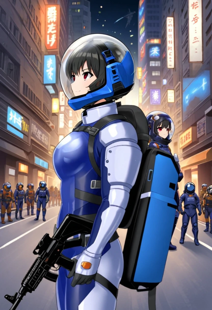  apocalypse,ak47, armor,assault rifle,belt,goggles,holding weapon,m4 ,holding gun,standing,, eva helm, helmet space, short hair,, bubble helmet, upper body, smile, black hair, red eyes,city, road, space helmet, space helmet, eva helm, space suit, short hair,  blue bodysuit, full body, from side