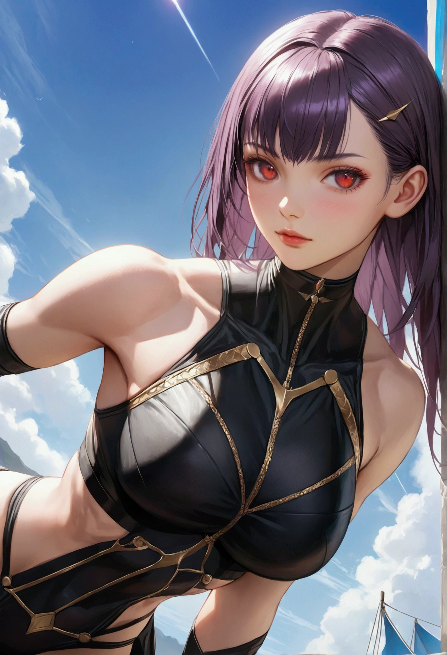 A girl with smooth dark purple hair,red eyes, fair skin tone, slender and athletic built, warrior wear, detailed hair, detailed body, aesthetic, realistic, Wide-Angle, best quality, 8k