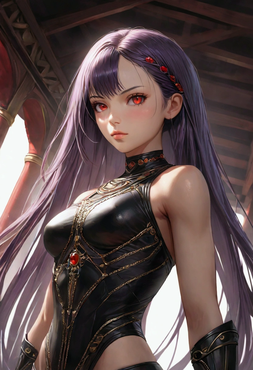A girl with smooth dark purple hair,red eyes, fair skin tone, slender and athletic built, warrior wear, detailed hair, detailed body, aesthetic, realistic, Wide-Angle, best quality, 8k