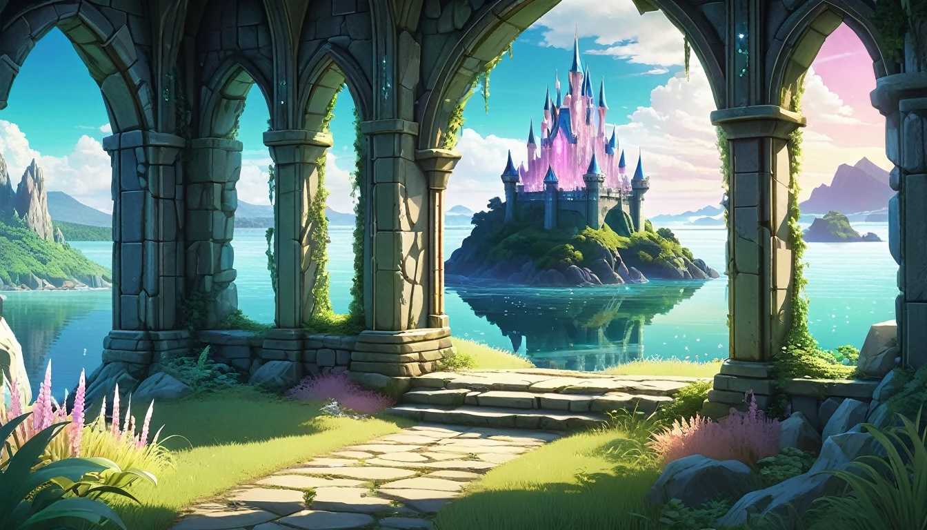 In a stunning 3D scene, A crystal castle, crystal castle appearance is very majestic, crystal clear like glass crystal, the castle shining crystal light, the window is golden window frame, the castle door is golden, there are a lot of gems to do decoration. Crystal Castle is on Crystal Island, surrounded by the sea, and there is a passage connecting Crystal Island with the grassland. Pastel style tones, blending mystery and tranquility, while the high-definition rendering and detailed textures create an immersive experience., cinematic, anime, vibrant, 3d render,