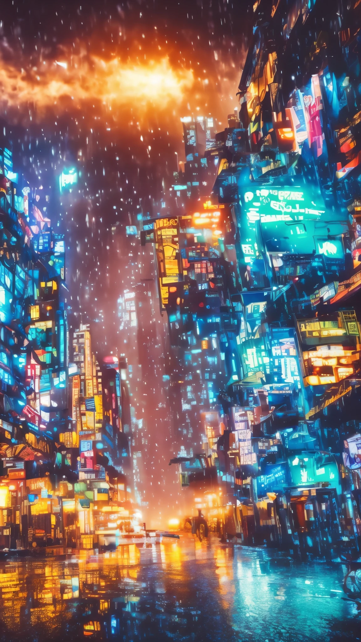 a cyberpunk city in watercolor, low angle, detailed neon lights, futuristic architecture, rain-soaked streets, atmospheric lighting, glowing windows, hovering flying cars, moody colors, cinematic composition, dramatic shadows, intricate details, gritty and realistic, best quality, 8k, ultra-detailed, photorealistic