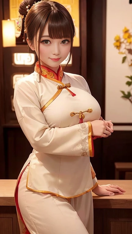 ancient chinese clothing:1.2、1 girl、smile、Medium breast、Bob Hair、Buns:1.2、masterpiece:1.3、Highest quality、Raw photo、Detailed Images、Detailed Background、Korean Bar、Korean Lounge、Korean Cabaret、counter、Standing in front、