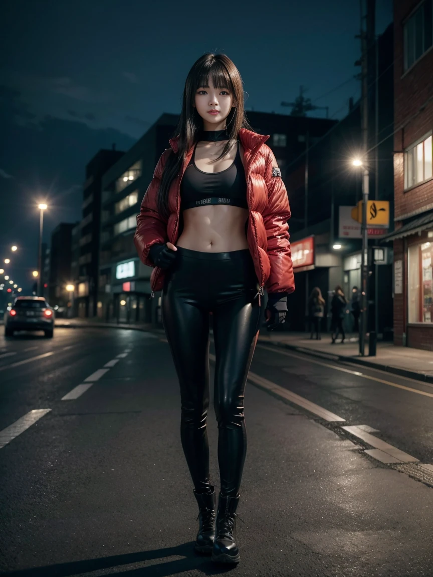 young japanese female model, 20 years old, short height, long brunette hair, super long bangs hairstyle, blue eyes, 16k resolution, highly detailed, Hyperrealism, cinematic lighting, bokeh, masterpiece, UHD, textured skin, super detail, high details, high quality, award winning, best quality, highres, wearing black bra and leggings with red puffer jacket, white nike boots, light smile, night, full body shot,