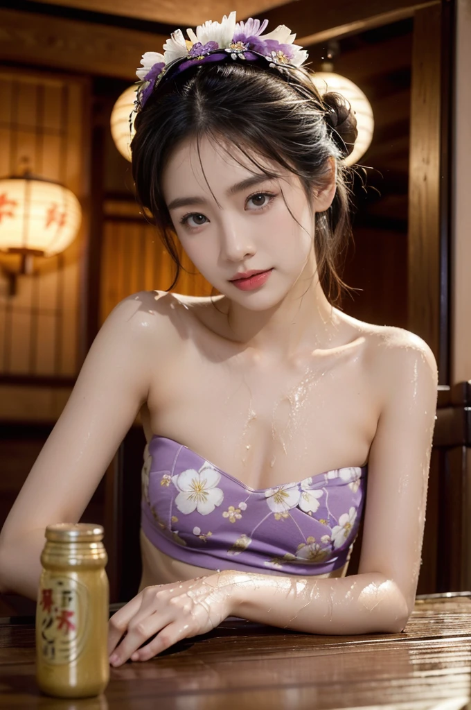 (((best quality))),(((ultra detailed))),(((masterpiece))),illustration,((1 beautiful Japannese girl,solo)),((neat bun,headdress flower)),((slim,thin)),((small breasts,flat chest)),(in izakaya:1.3),(summer:1.2),(rainy:1.3),(indoor:1.2),(night scene:1.3),(wet:1.3),(strapless purple floral bra:1.3),porcelain skin,rouge,dimly lit,warm glow,ethereal,(beside the table:1.3),sake bottle,half-empty glass,tray,grilled fish,steamed vegetables,half-eaten,melancholic smile,storm,solitude,enigmatic aura,tranquility,chaos,simplicity,mysterious,captivating,((from front,close-up of face))