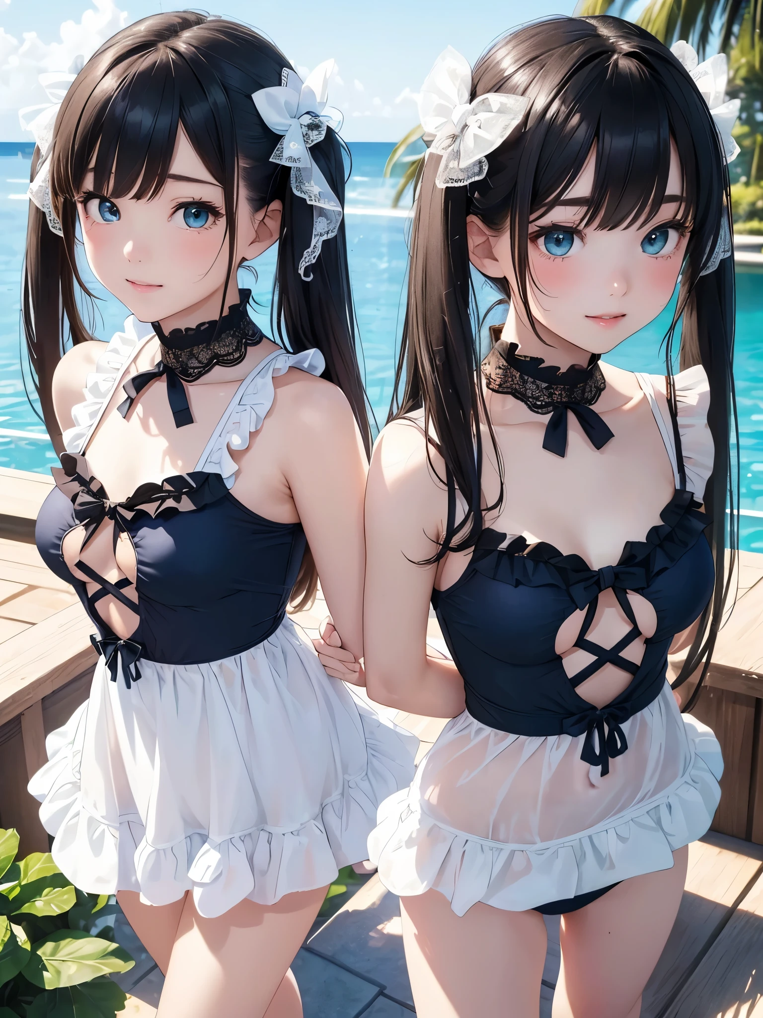 ((masterpiece)), ((highest quality、Ultra high definition)), (Very detailed),8k、Photo quality、((Amazingly cute girl)),)), Two people, , (Beautiful emerald blue eyes), ((smile、Small breasts)),In their bath overlooking the sea, Beautifully arranged black hair in twin tails、Slim Body、(((Cute swimsuit with lace and frills)))、Professional Lighting、(White lace knee-highore detailed and beautiful)、(More details and cutenesore realistic)、((Just wear light clothing))、Frolic in the pool、((unbelievably cute))、(((Front and Back)))、