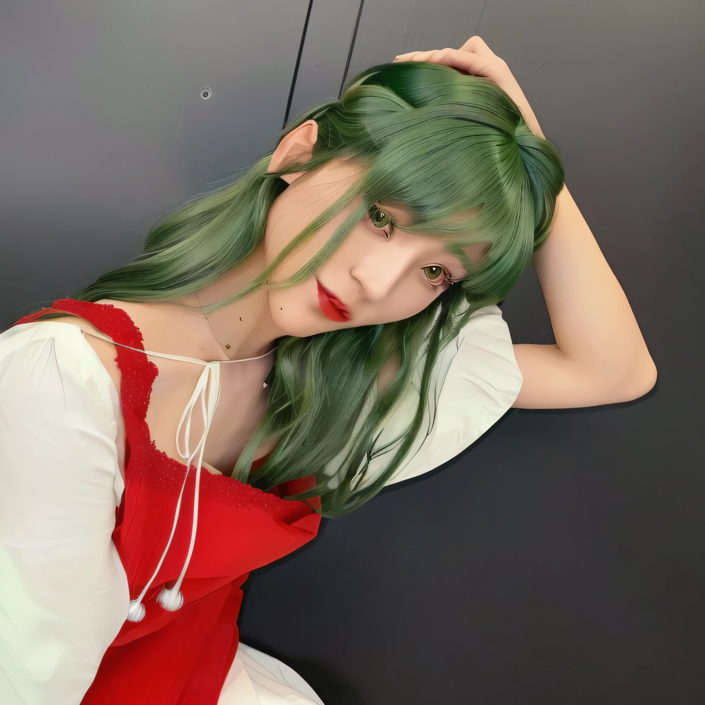 there is a woman with green hair posing for a picture, green flowing hair, green hair, long green hair, dark green hair, ( ( dark green, hair coloring, the hime cut, wig, olive green, colored hair, green and red tones, chiho, green wavy hair, with short hair, sakimichan, dark green leaf hair, green mane
