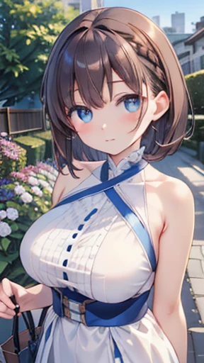 Ai-chan, blue eyes, Brown Hair, short hair, Side braid, Hair Clip, Large Breasts, (masterpiece:1.2), Highest quality, High resolution, unity 8k wallpaper, figure, Beautiful attention to detail, Highly detailed face, Perfect lighting, Highly detailed CG, city, garden, Halter Top Dress